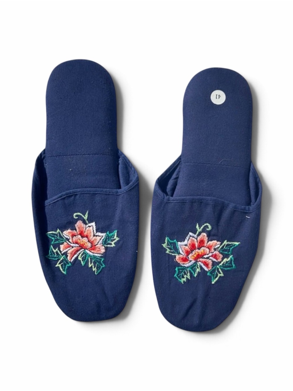 Navy Floral Embroidered Women's Slippers